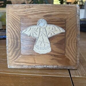 Original Art Mixed Media Angel Reclaimed Wood Antique Embroidery Signed Painting